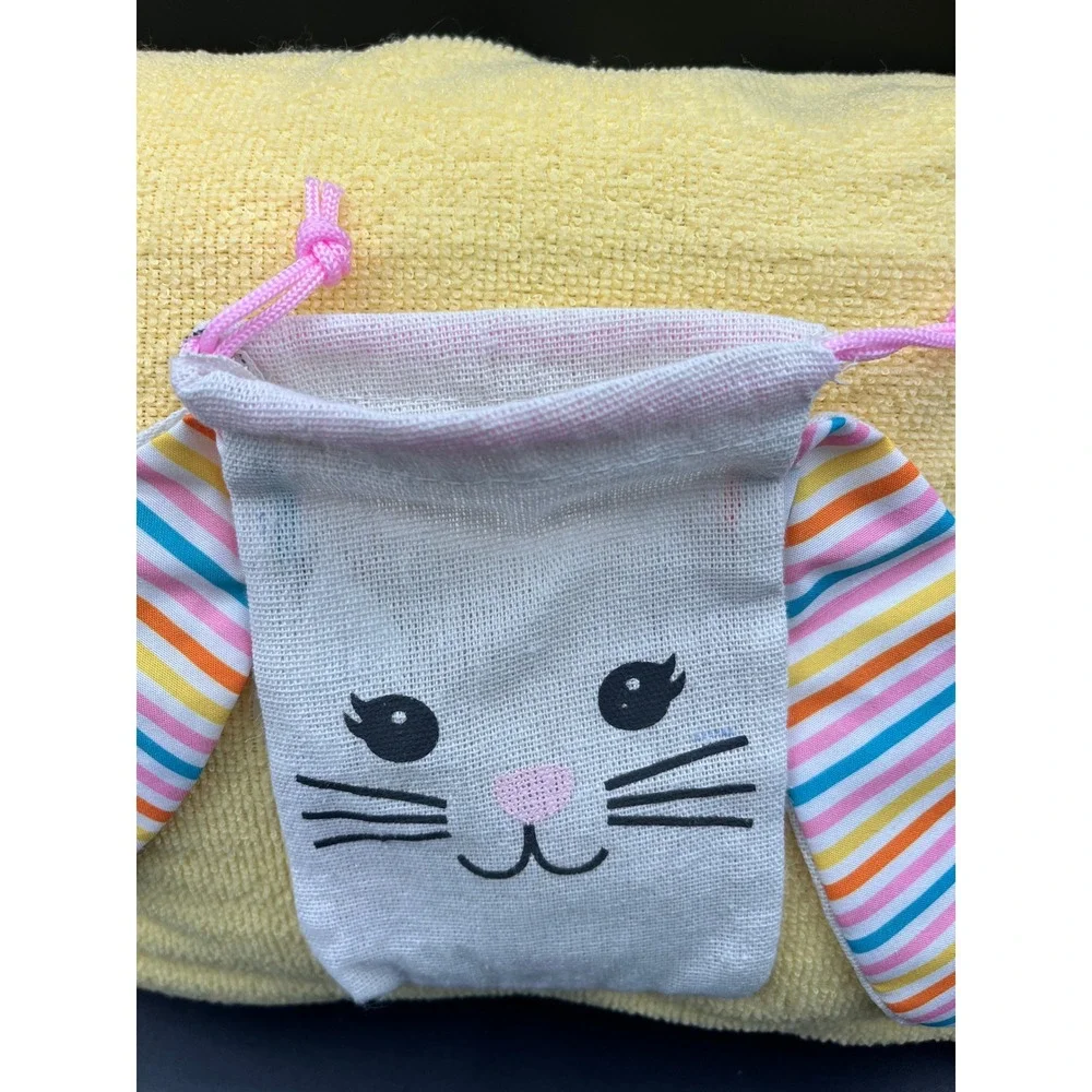 Easter Bunny Terrycloth Pillow Set of 2 Yellow Pink Drawstring‎ Pouch 13x11 in